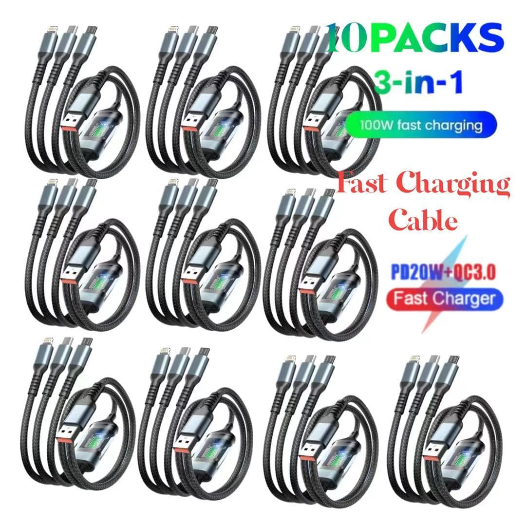TEMU 10pcs 100w Fast Charger With Cable - Us Wall Adapter & Led Indicator For Multiple Devices