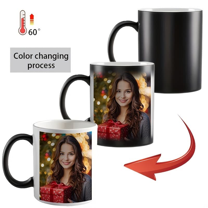 TEMU Personalized Photo Color-changing Mug - Customizable Souvenir, 11oz, Double-sided Design, Heat/cold Temperature Sensitive, Corporate Gift, Black Ceramic, Hand Wash Only, Holiday Gift