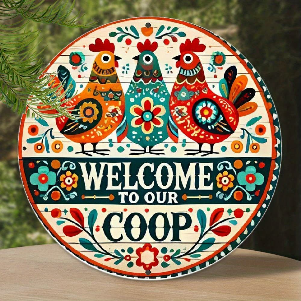 TEMU Welcome To Our Coop" Vintage Aluminum Sign - 8x8 Inches, Colorful Chicken & , Ideal For Door & Garden Decor, Includes Wreath Centerpiece Plaque