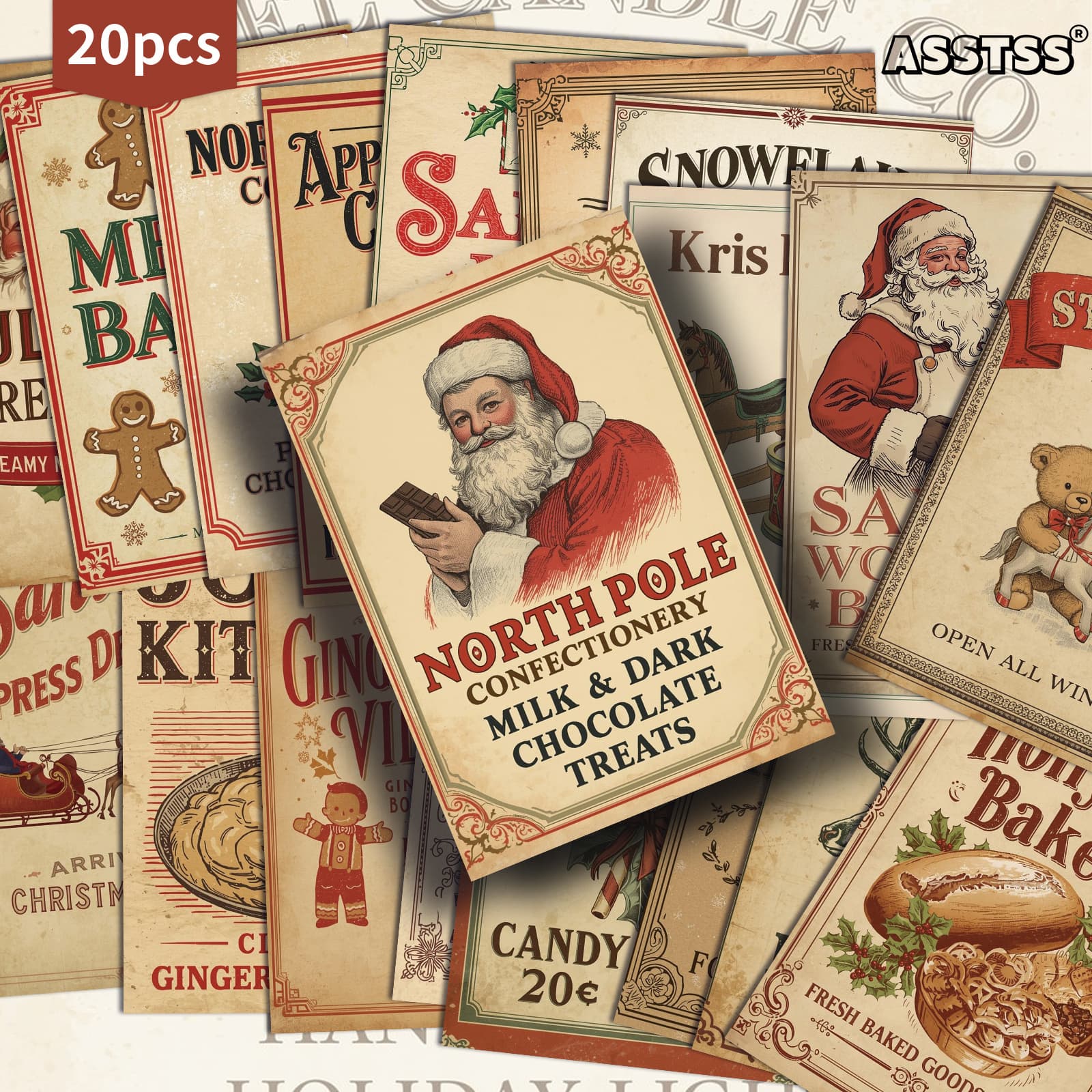 TEMU 20-pack Asstss Vintage Christmas Food Poster Gift Card - 4x6 Inches Junk Journal Paper, Classic Pinup Illustrations Collectible Decorative Painting Cards For Scrapbooking & Crafting
