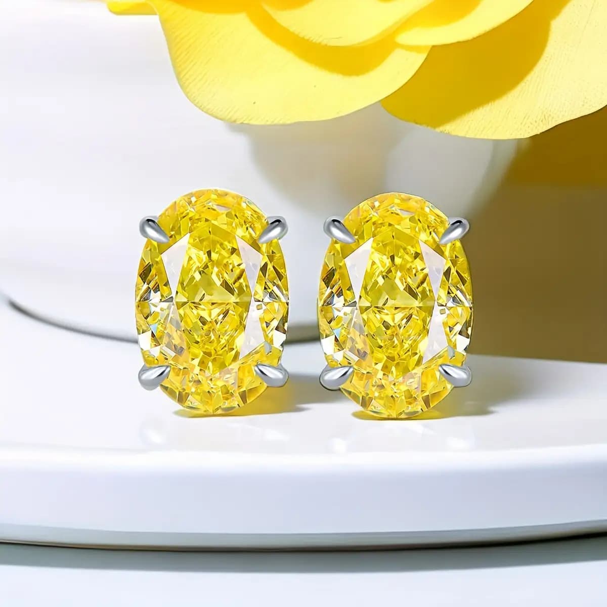 TEMU S925 925 Silvery Oval Stud Earrings Simple 4 Claws Yellow Synthetic Cubic Synthetic Cubic Zirconiaia 8*10mm Pair Of Earrings, For Teenager