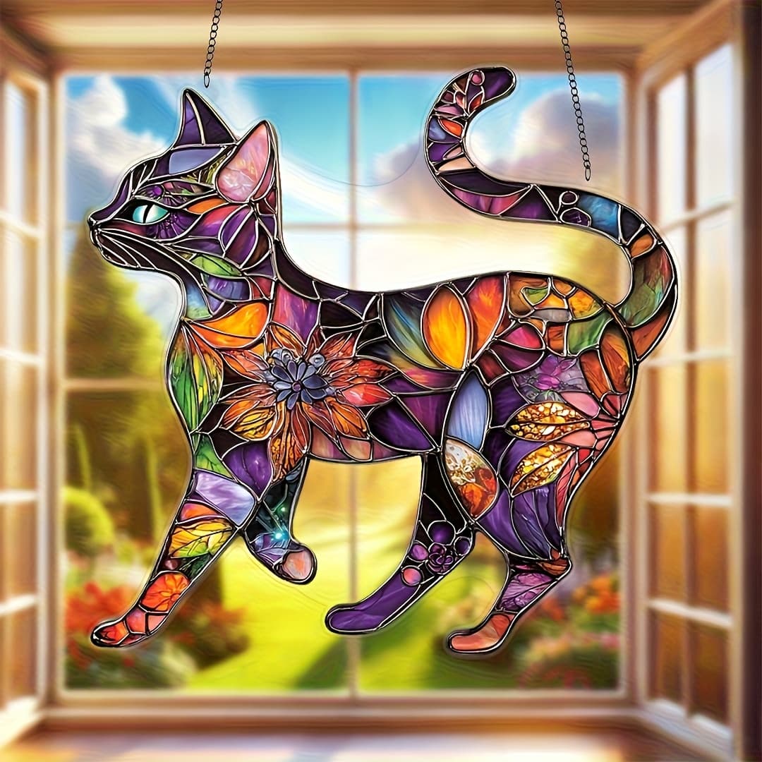 TEMU 2d Flat - 2d Flat - 2d Flat A Vibrant Stained Cat Crystal Suncatcher (5.91 Inches X 5.91 Inches) With A , Perfect For Cat Lovers, Bohemian Home Decor, Office, Garden And Patio Decoration