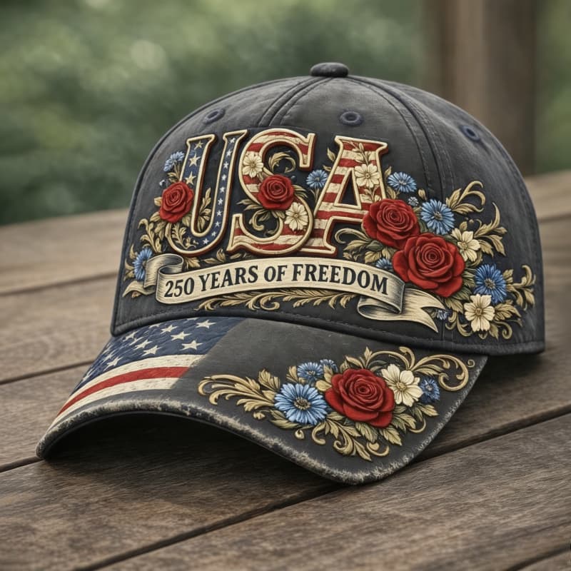 TEMU Vintage Washed Gray ' Years Of ' Floral Embroidered Baseball With American Flag Brim For Patriotic Women &