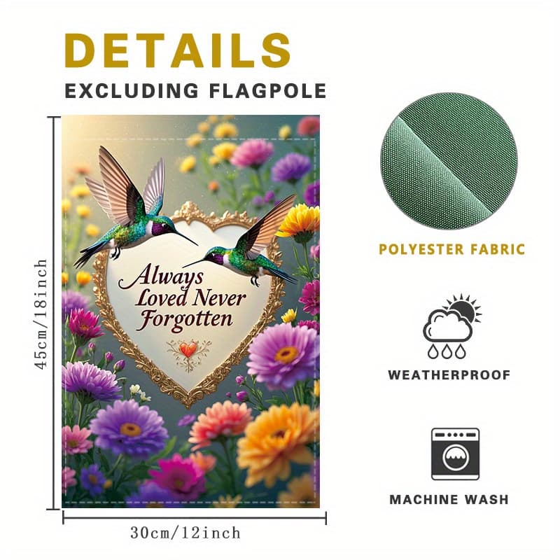 TEMU Double-sided Memorial Garden Flag, 1pc Hummingbird Floral " Never " Sympathy Flag, Polyester 12x18 Inch Outdoor Yard Decor For Memorial Garden, No Stand Included