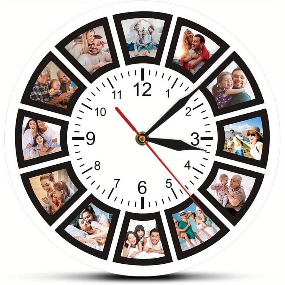 TEMU 10-12 Inch 10 Photo Collage Wall Clock - Family Photo Album, Silent No Tick Round Wood Clock For Living Room, Bedroom, Office - Customizable Photo Display, Personalized Gift Ideas (battery )