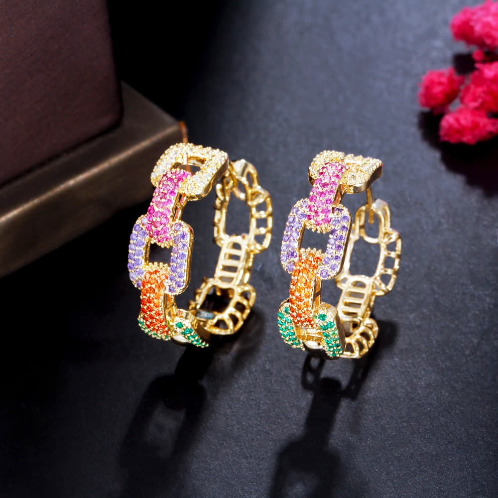 TEMU A Pair Of Rainbow Ring Color Synthetic Zirconia Women's Earrings, Gradient Color Chain Ear Rings, Earrings, Fashionable Additions For, Daily Casual Jewelry, Festival And Anniversary Gifts