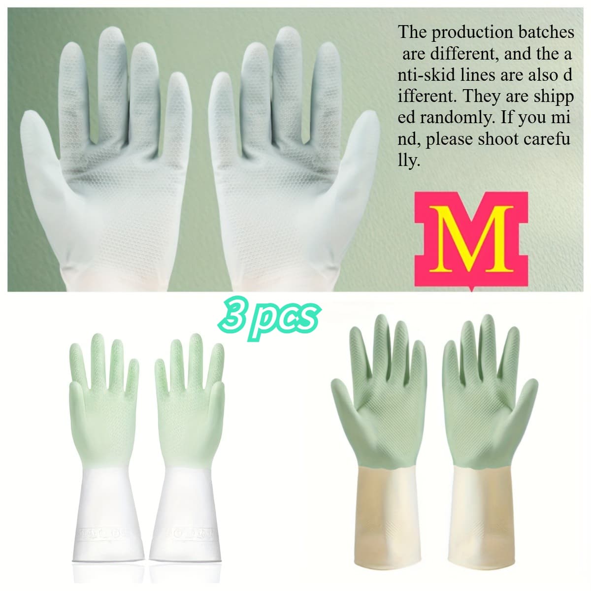 TEMU [durable Dish Gloves] 3 Pairs Thickened Latex Dish Gloves | Suitable For Housekeeping, Hand Washing, Kitchen, Bathroom And Living Room Thick Latex Cleaning Gloves, Random Patterns