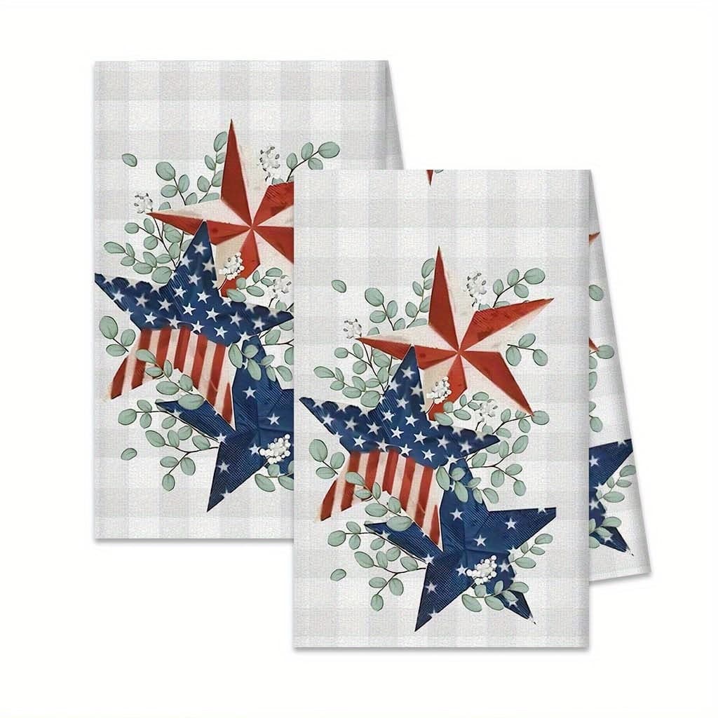 TEMU 2pcs Patriotic Stars & Floral Kitchen Towels - 18x26" Durable Polyester Dish Cloths With American Flag & , Hand Wash Only, Home Decor, Housewarming Gifts, And Thanksgiving Decor