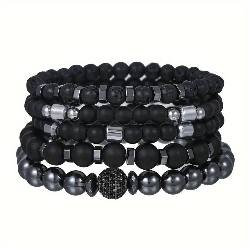 TEMU 5pcs Fashion Black Beaded Bracelet Set For Men Marble Material Stackable Reverse Scallop Design Trendy Jewelry For And Giftgiving
