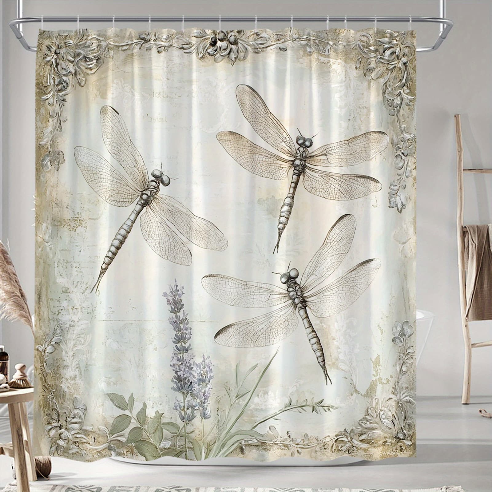 TEMU 1pc A Vintage Shower Curtain Featuring Dragonflies And Lavender Flowers, Showcasing An Vintage Botanical Design, Includes 12 Hooks, Measuring By Inches