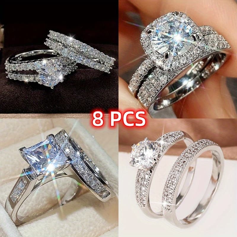 TEMU 8pcs Set Of Fashionable And Gorgeous Sparkling Plated Synthetic Zirconia Rings, Symbolizing . For Women On Birthdays, Christmas, And Anniversaries.