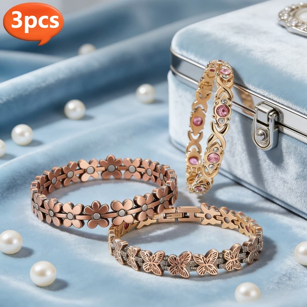 TEMU 3pcs Pattern Magnetic Copper Bracelet Set | Women's Copper Bangle, Exquisite Openwork Style, Fashionable Jewelry Set, Thoughtful Gift, For Girlfriend Or Best Friend, Electroplated Surface