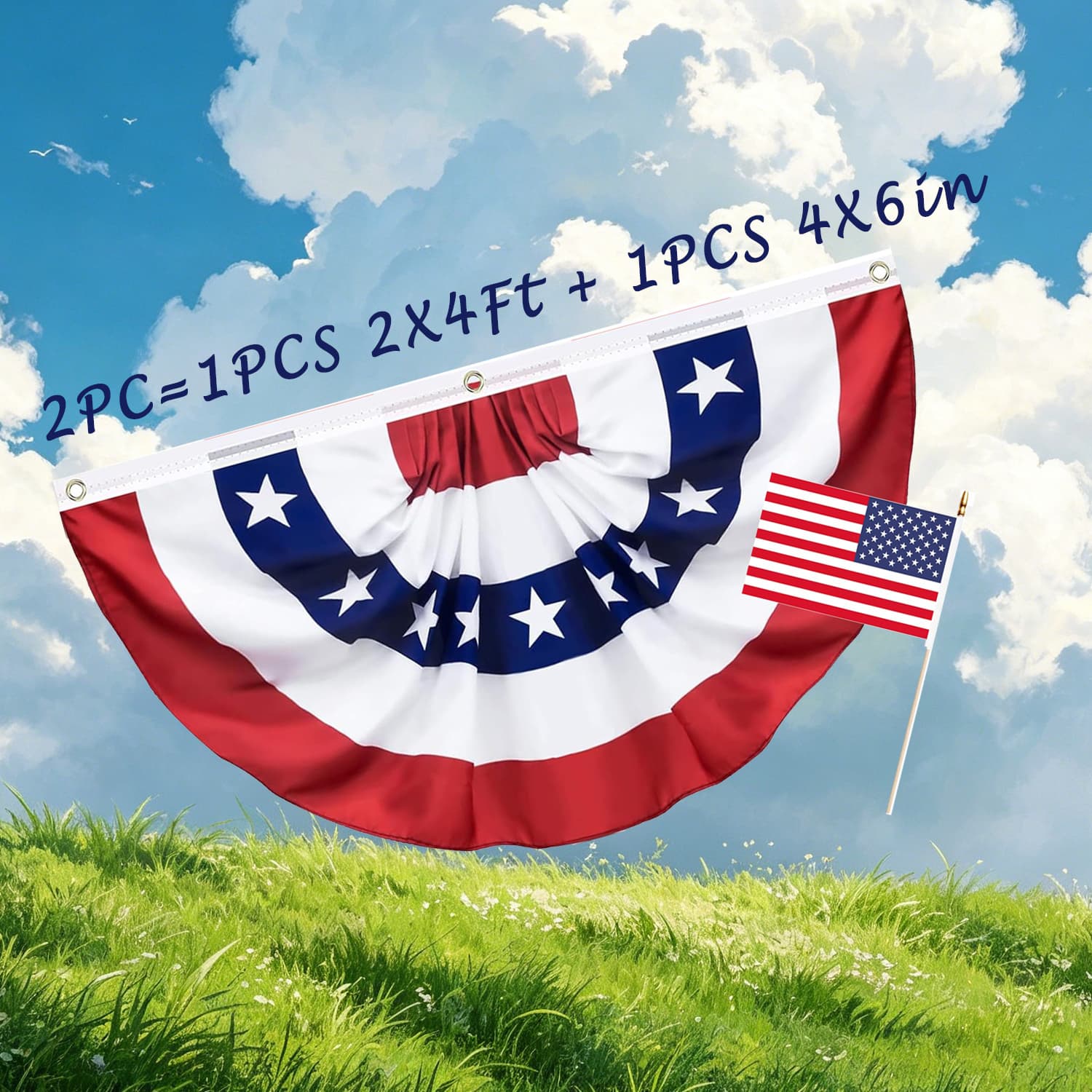 TEMU 2x4 Ft American Pleated Fan Flag, Usa Patriotic Half Fan Bunting Flag With 3 Grommets For Memorial Day Day Outdoor Indoor Decorations