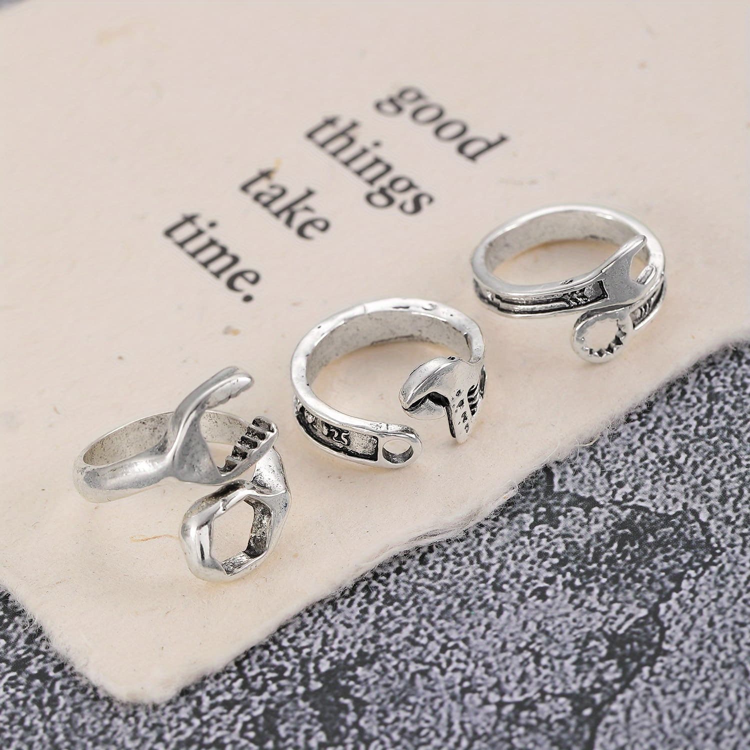 TEMU 3pcs Punk Style Wrench Tool Design, Men's And -end Rings, Fashionable Hip-hop Style Trendy Men's And Women's Accessories