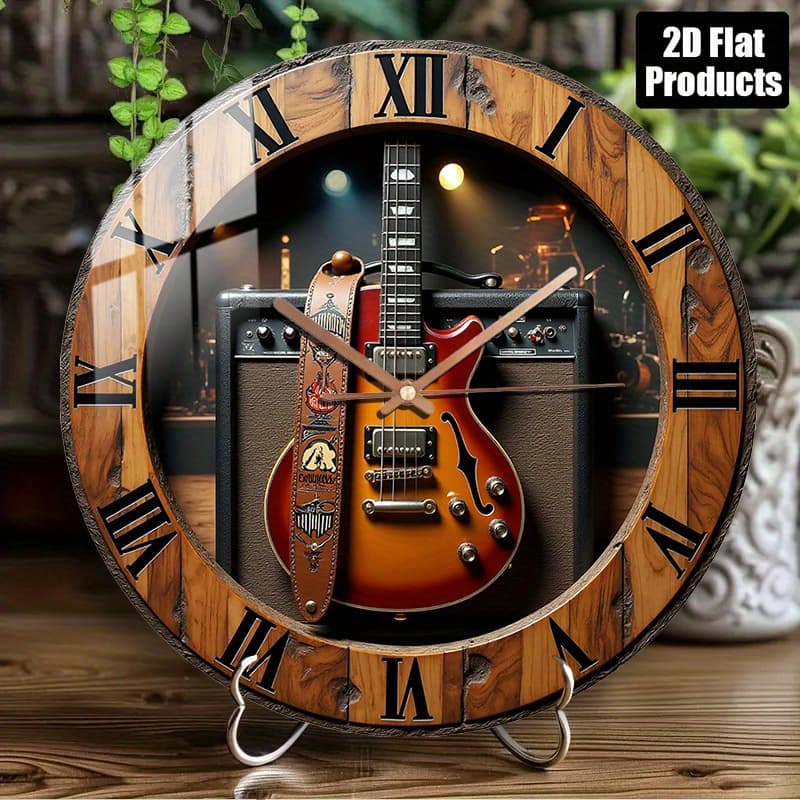 TEMU 12-inch Rock Band With Silent Quartz Movement - Orange-brown Music-themed Round Clock Suitable For Bedroom, Living Room, Garage, Music - Battery-powered (aa Battery Not Included), 2d Flat