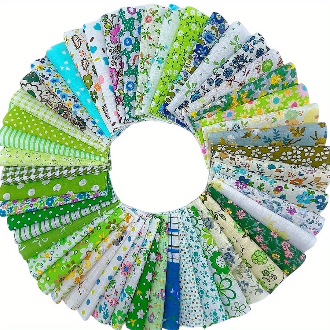 TEMU 50pcs Green Floral Pattern Pre-cut Fabric, 10 X 10cm/3.9 X 3.9in - Perfect For Quilting, Sewing, Duvet Covers, Pillows, Craft Supplies
