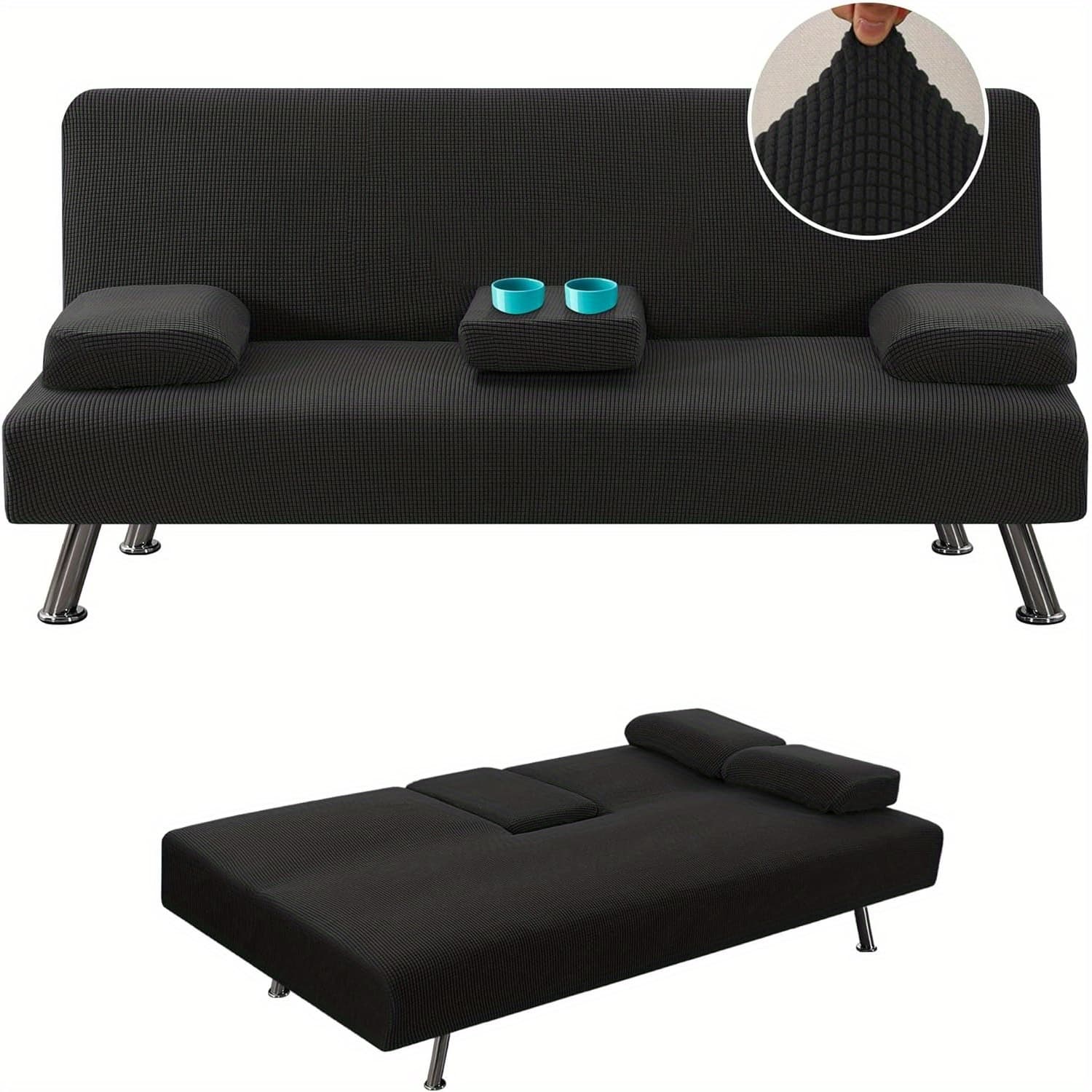 TEMU 4pcs Stretch Sofa Bed Slipcover With Removable Armrests And Cupholders Covers Furniture Protector High Spandex Small Checks Jacquard Fabric