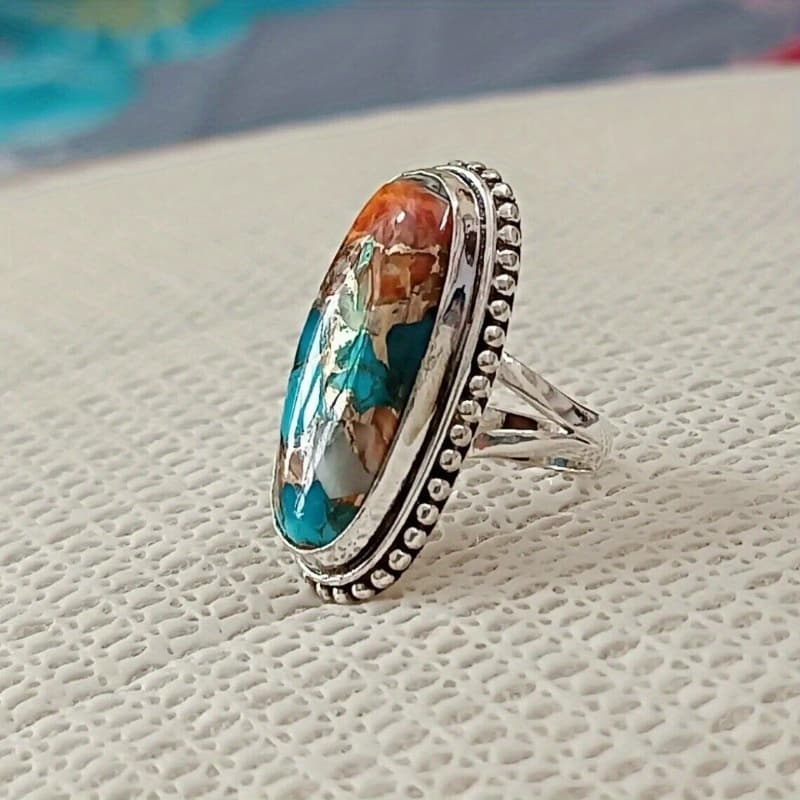 TEMU 1a Vintage Ornate Turquoise Ring, Unisex Fashion Ring Jewelry, For A Party Anniversary Birthday Christmas, For Teenager, For Teenager