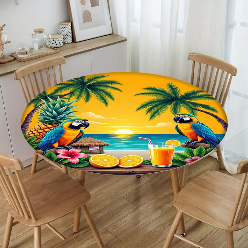 TEMU Elastic Tablecloth Made Of 2d Flat Polyester Fabric Featuring A Tropical Beach And , Perfect For Indoor And Outdoor Settings