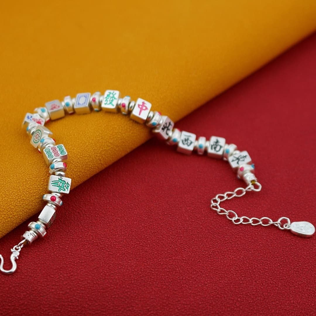 TEMU Mahjong Bead Bracelet For - Adjustable Retro Bohemian Cultural Charm Jewelry With Tongji Fa Beads, Authentic Mahjong Patterns Suitable For Mahjong Players Gift, Daily Wear Accessories
