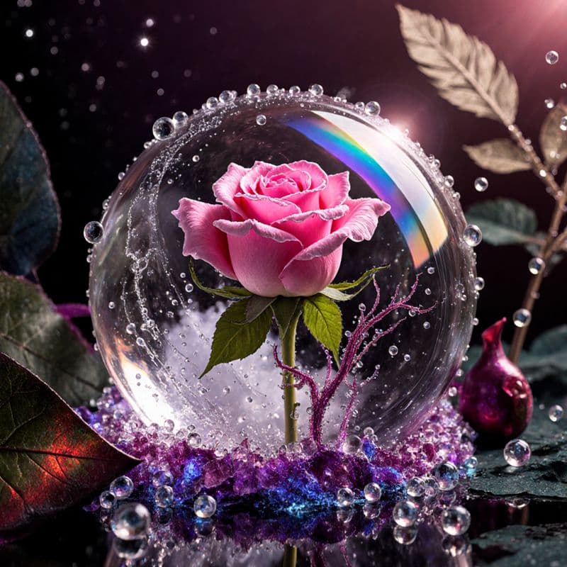 TEMU 11.8x11.8in With Green Leaves In Clear Spherical Glass Snow Style Diamond Painting, Iridescent Rainbow Water , Purple Base, Dark Starry Background, Large Dark - Leaves