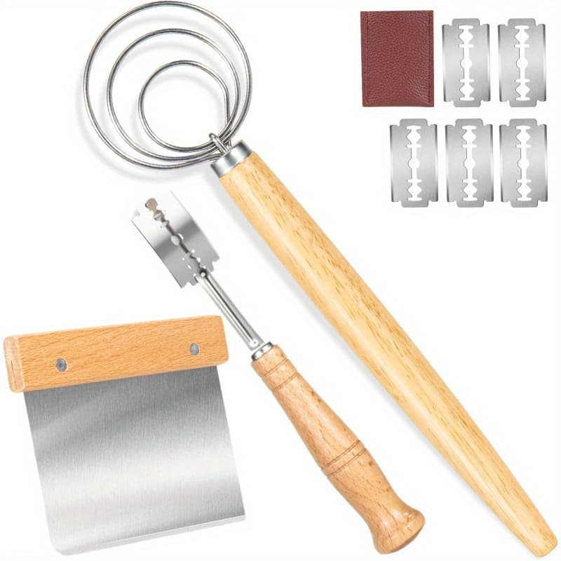 TEMU Premium Sourdough Scoring Tool Set For Bread Making, Including A Handcrafted Bread Lame, A Bread Knife, A Danish Dough Whisk, And A Dough Scraper