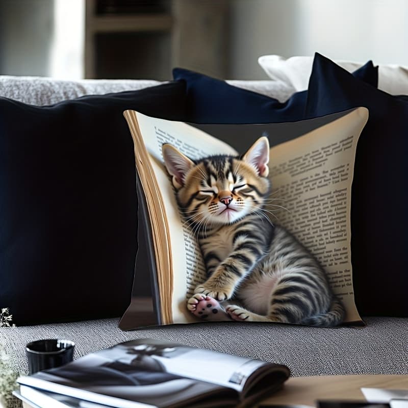 TEMU 1pc Adorable & Book Design Throw Pillow Cover - Cozy Short Plush, Single-sided Print, Zipper Closure, Machine Washable - Perfect For Sofa & Bed Decor, Kitten Decor