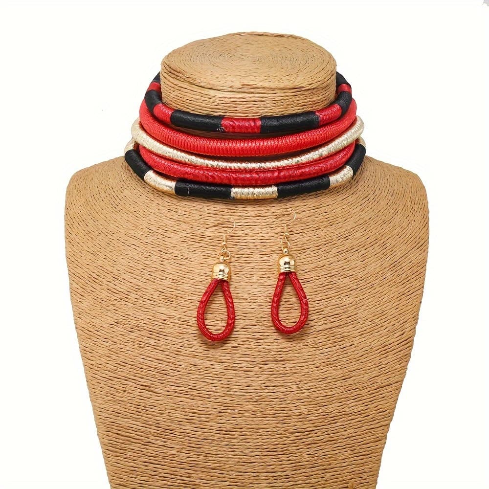 TEMU 4pcs Bohemian African-inspired Beaded Necklace And Earring Set - Vibrant Red, Black, And White Beaded Choker With Dangling Earrings, And Parties, Everyday Jewelry