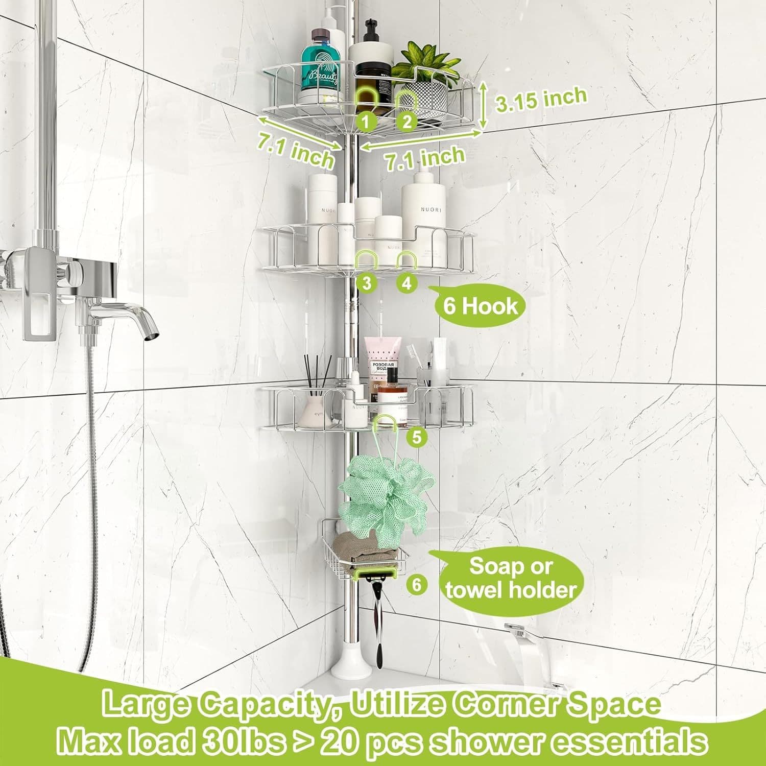 TEMU Yeyebest Shower Rack Corner Tension Rod, Stainless Steel Adjustable Floor To Ceiling Corner Shower Rack Bracket For Bathroom Interior Shower Storage With Tension Rod, Rust Resistant ()
