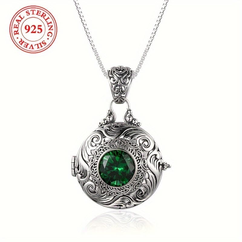 TEMU Elegant Retro Style 925 Sterling Silver Pendant Necklace With Green Synthetic Synthetic Zirconia - Perfect For Parties And Gifts