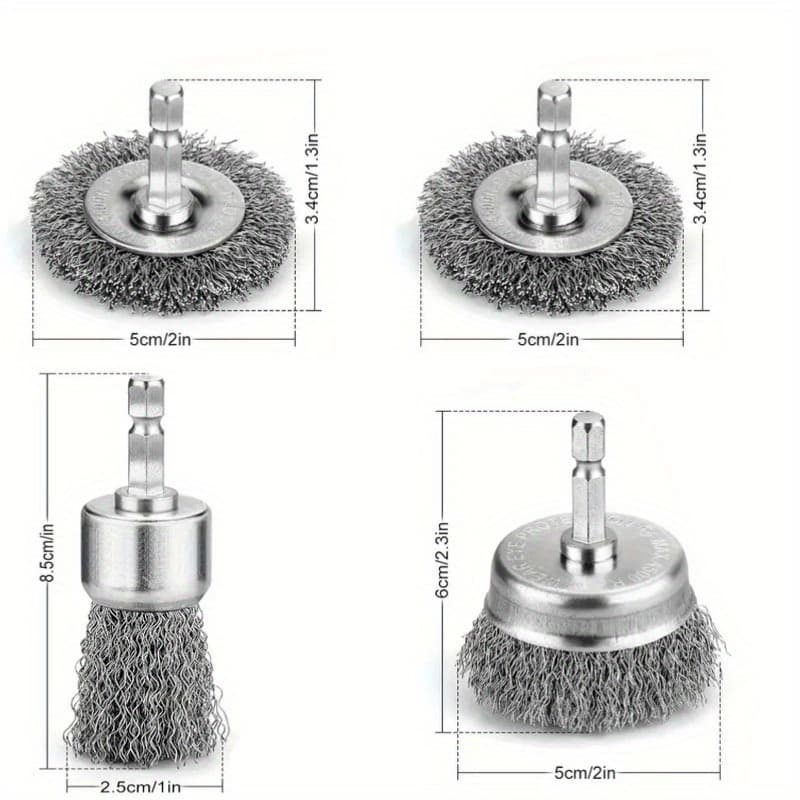 TEMU 4/8pcs Set Professional Steel Wire Brush For Drill, Carbon Steel Wire Cup Brush For Rust Removal, 1/4 Inch Hex Shank Drill Brush Attachment - For Drills And Drilling Tools!