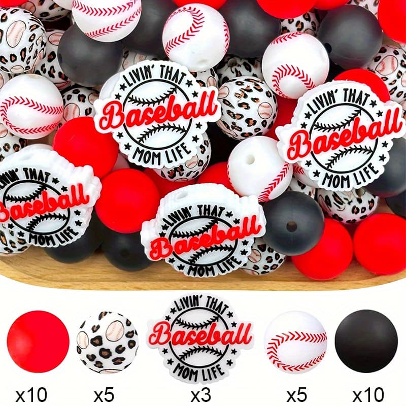 TEMU 33pcs Set Of Sports White Baseball Silicone Beads, Suitable For Necklaces, Chains, Pens, Keychains, Etc. Set Accessories Suitable For Holiday Gifts, Athlete Birthday Gifts, Etc