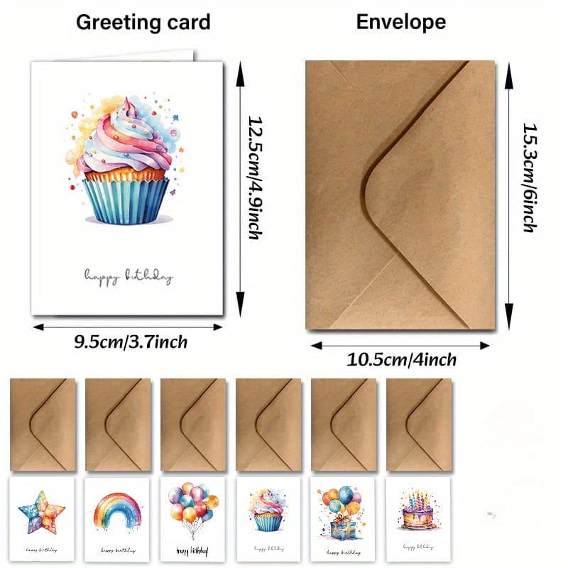 TEMU 12pcs Watercolor Birthday Greeting Cards With Envelopes - Unique And Bright Designs Suitable For Everyone, Perfect For Birthdays, Celebrations, And Thank You Notes