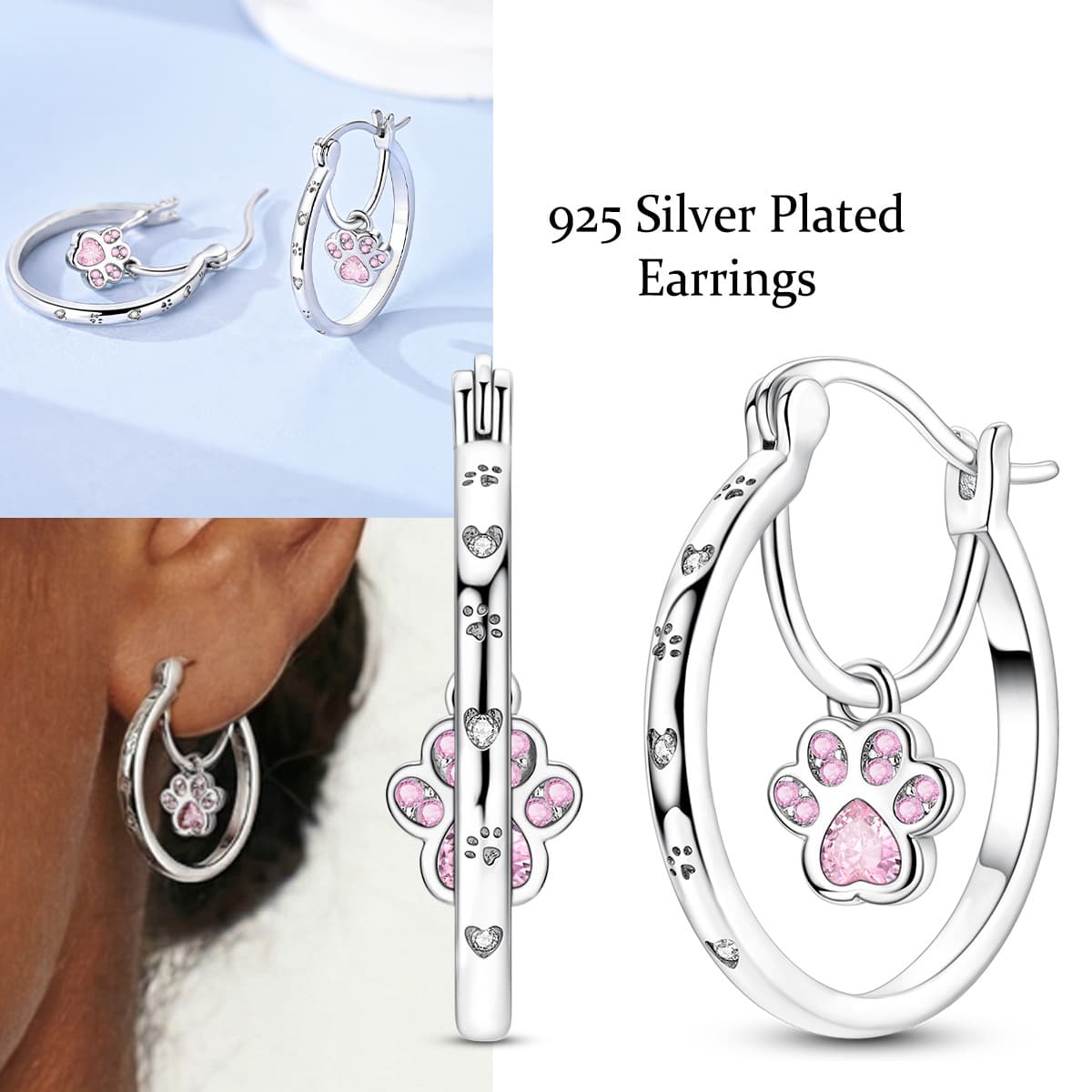 TEMU 1 Pair 925 Silver Plated Cubic Synthetic Zirconia Paw Ear Stud Earring Viral Design High-end Elegant Face- Party Casual Office Jewelry Ideal For Pet Lovers Daily Wear Friendship Gifts
