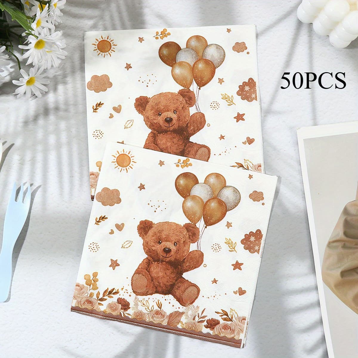TEMU 50pcs Brown Bear-themed Napkins, Birthday Party Paper Towels, Party Supplies, Party Decorations