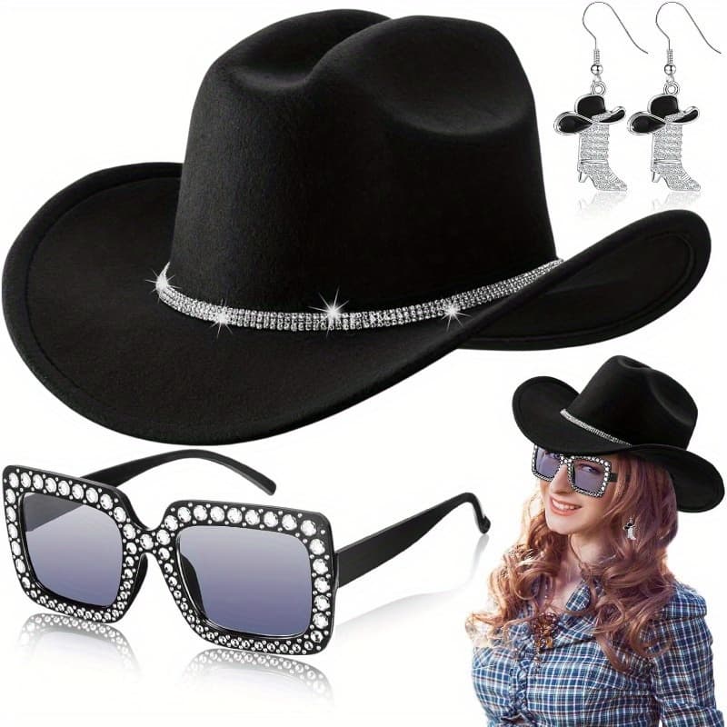 TEMU 3pcs Hat Cowboy Boots Earrings Sunglasses Set Women Western Cowgirl Party Rodeo Outfit Supplies