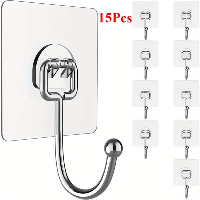 TEMU 15pcs Heavy-duty Adhesive Wall Hooks - 50% Polyester, 50% Metal, Unscented, No Power Needed, Battery-free - Rustproof, Waterproof, Strong Stainless Steel Hanging Hooks For Bathroom Items