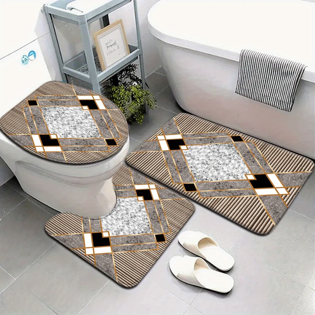 TEMU For Bathroom Use, Brown Diamond Geometric Pattern Bathroom Mat Set, Toilet Cover And Rug, U-shaped Bathroom Decoration