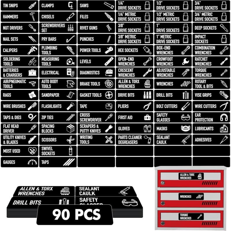 TEMU 90pcs Paper Toolbox Organizer Labels 82 Preprinted 8 Blank Large Size 3.5x1 Inch Black Universal For All Toolbox Drawers