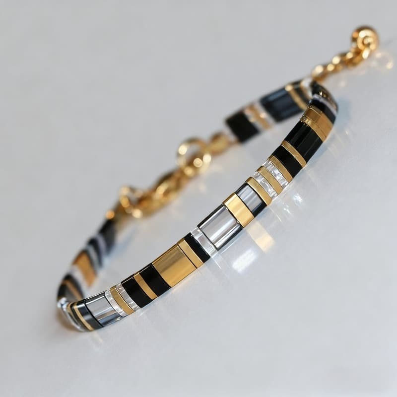 TEMU 2d Flat, Exquisite Black Glass Beaded Mix Golden Silvery Color Bead Bracelet For Women Daily Holiday Use And Gifts Dainty Flat Beads Chain Stacking Bracelets