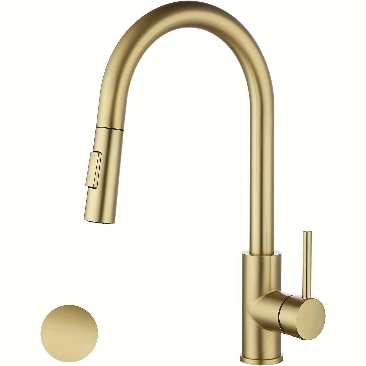 TEMU Faucet With Pull Down Sprayer, High Arc Stainless Steel Material, With Ceramic Cartridge, Without Deck Plate, Fit For 1 Hole Kitchen Sink Or Laundry Sink, Brushed Golden Us
