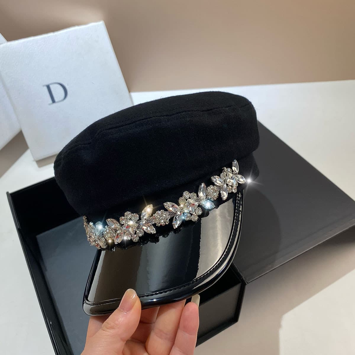 TEMU Light Luxury Navy Hat Autumn And Winter Korean Version High-end Sense Shiny Splicing Newsboy Hat For Women