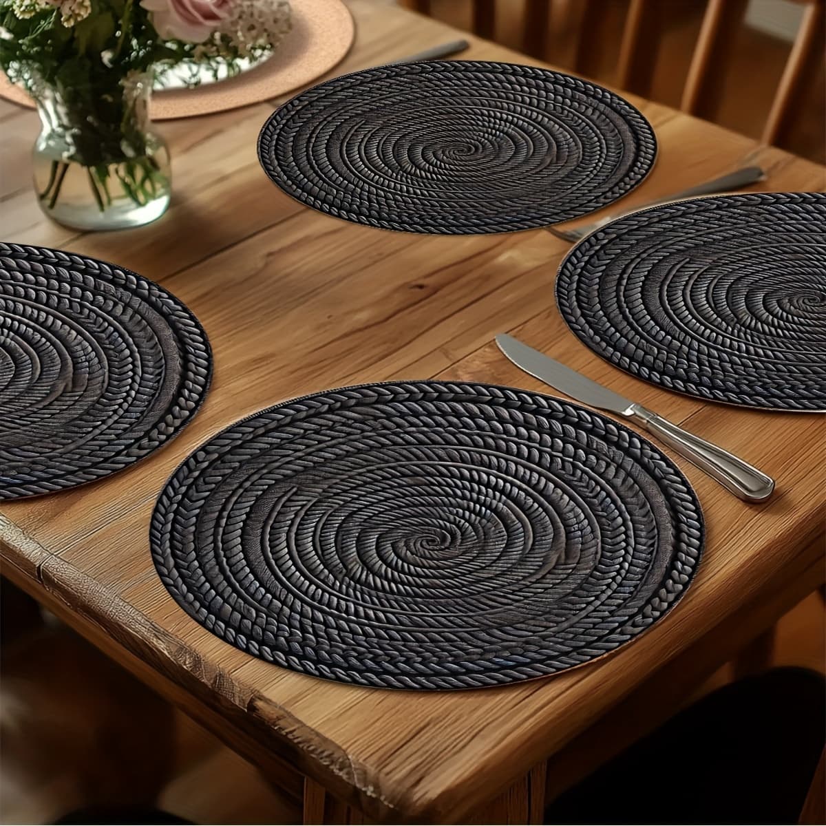 TEMU 4pcs Bohemian Style Round Rustic Table Mats, 15x15 Inches- Black, Machine Washable And Reusable, Perfect For Home, Wedding, And Party Decor, Wedding Table Decor| Bohemian Style Mats| Texture