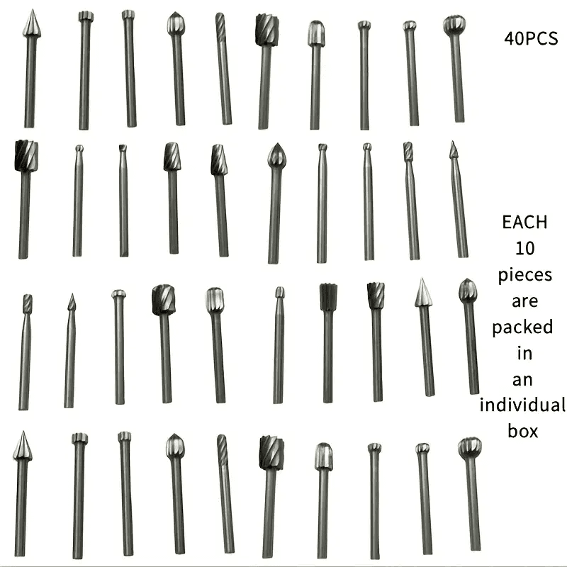 TEMU 40pcs Rotary Burr Set, Double-blade Engraving Grinding Head, Durable Woodworking Grinding And Milling Cutter, Suitable For Woodworking, Metal Drilling, Engraving And Polishing, Woodworking Burrs