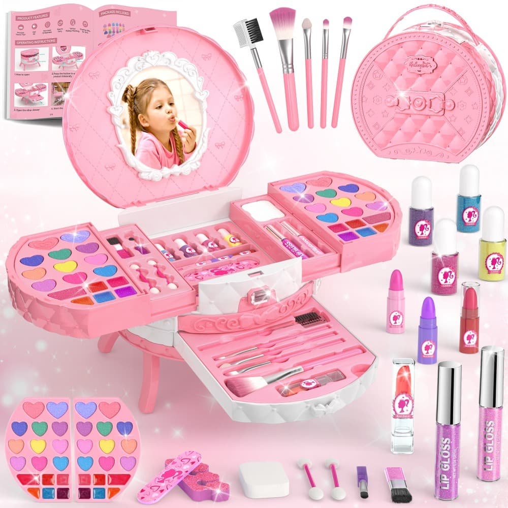 TEMU Girls' Makeup Set, Including Dressing Table And Mirror, Princess Gift, Toy, Birthday, Christmas And Halloween Gift, Suitable For Children Aged 3-12.