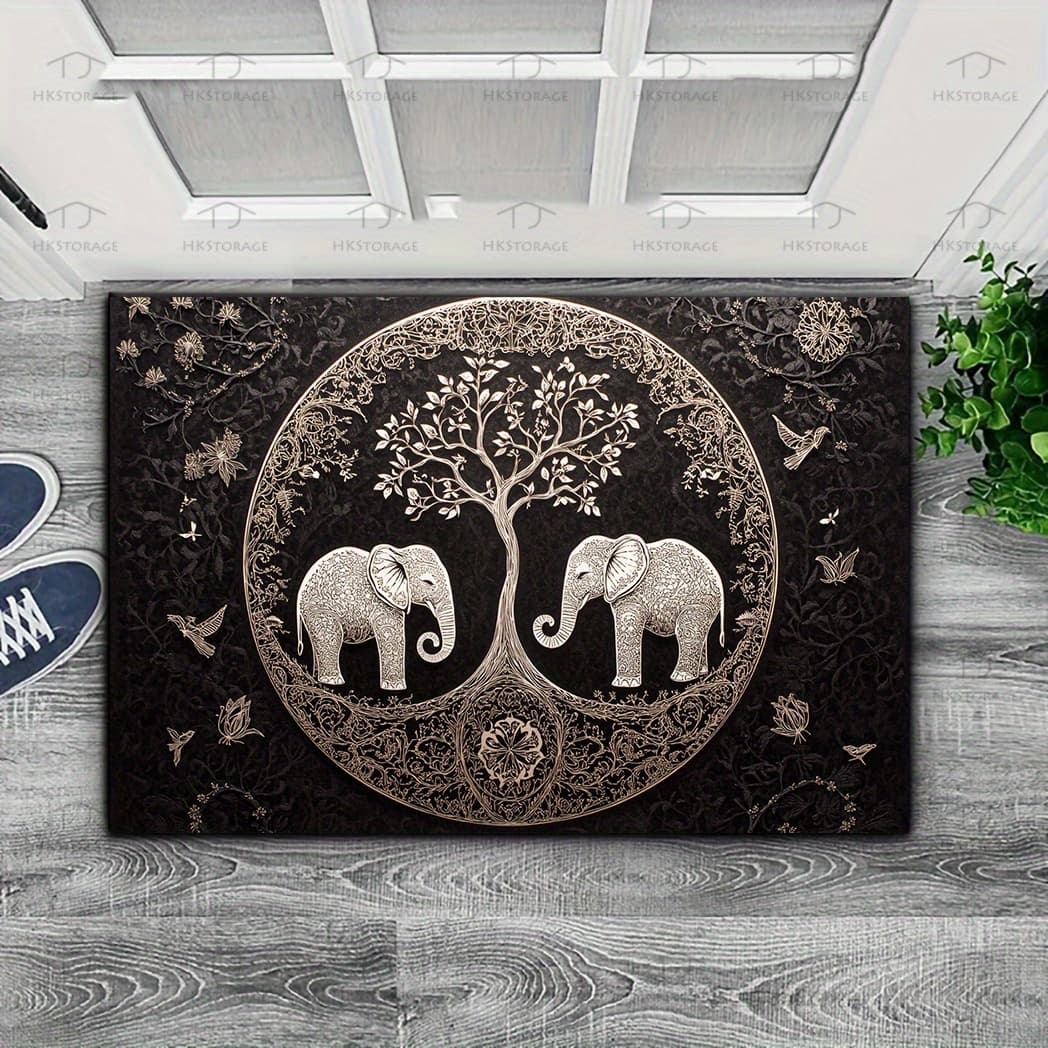 TEMU Elephant & Tree Of Life - Anti-slip, Washable Entrance Rug For Living Room, Bathroom, Kitchen, Laundry, Patio - Polyester With Rubber Backing, Decor