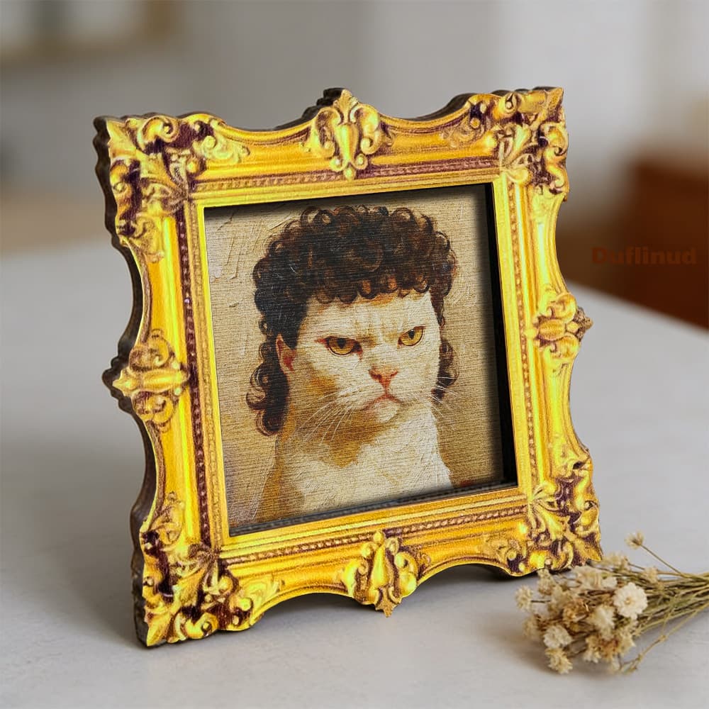 TEMU 1pc Duflinud Wooden Framed Cat Fridge Magnet Suitable, Frame With Realistic Oil Painting - Serious-faced Curly-haired Cat Decor, Back For Refrigerator Door Decoration, Holiday Gift For Cat Lovers