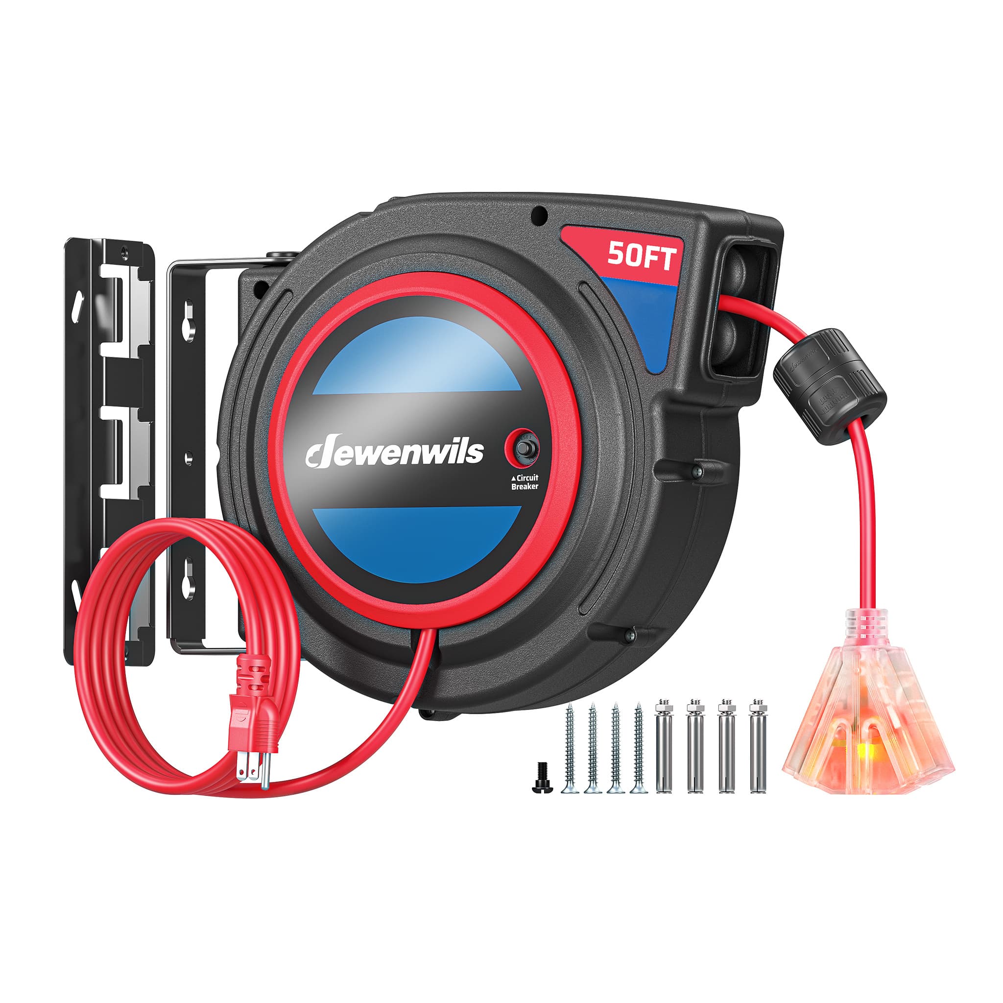 TEMU Retractable Cable Reel, 50ft 14/3 Sjtow Red Cord With Lighted , 13a Circuit Breaker, And 180° Swivel Bracket