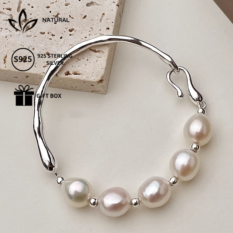 TEMU Chic S925 Pure Silvery Half Bracelet, Pearl - Beach Vacations And Travel, Includes Gift Box, 4g, Slight , Beach Vacation