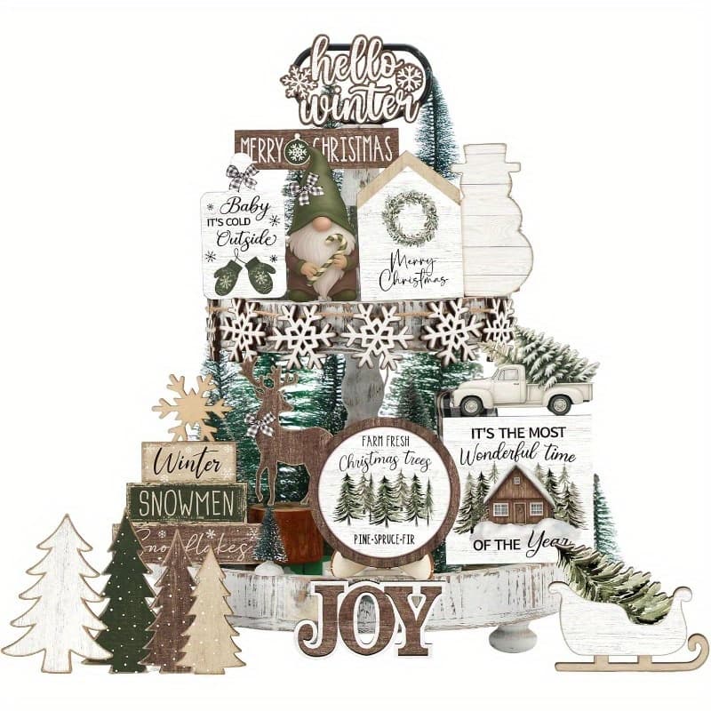 TEMU 23pcs Holiday Tiered Tray Decor Christmas Tiered Tray Decorations Set Truck Wooden Signs Farmhouse Table Decorations For Home Table Shelf
